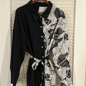 SHEIN Curvy Black and White Newspaper Print Shirt / Dress with belt. Size 3X